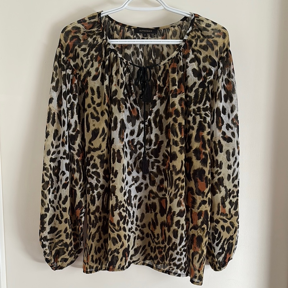 Olivaceous Brown and Black Animal Print Tie Front 3/4 Sheer Long Sleeve Blouse